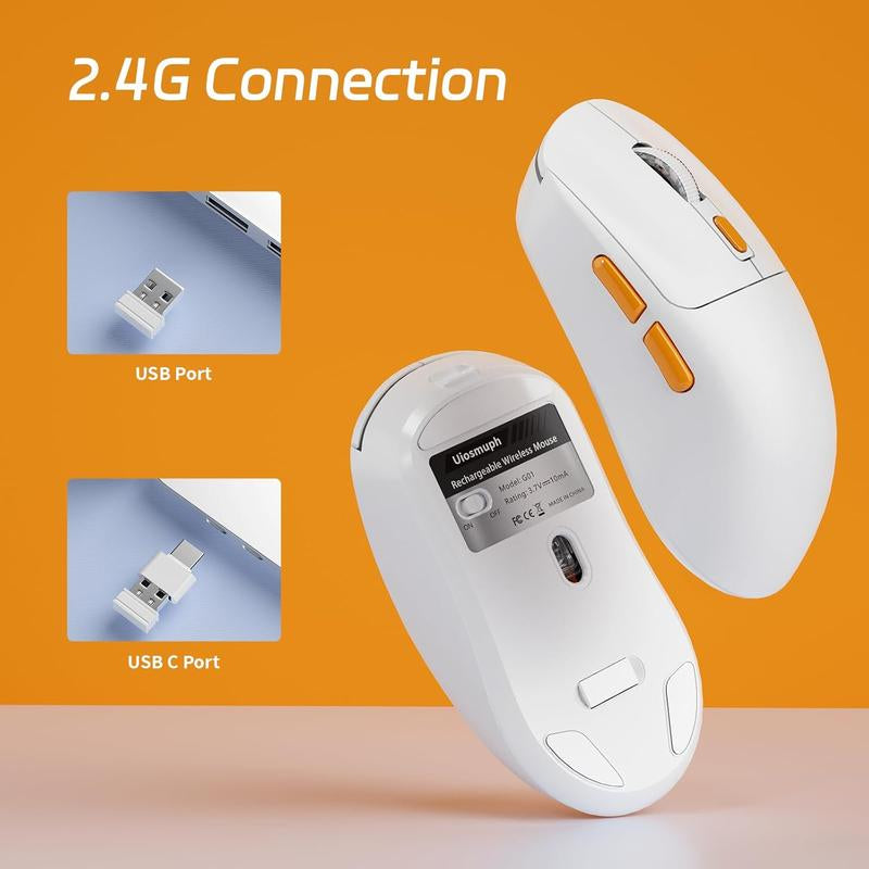 Uiosmuph G01 Wireless Mouse USB C Rechargeable Ergonomic Computer Mouse, 2.4Ghz Optical with USB Receiver & Type C Adapter for Laptop
