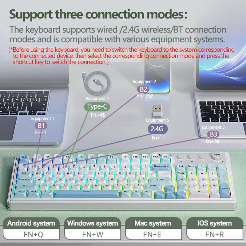 AULA F3099 Three-Mode Wireless Gaming Keyboard, 99-Key Layout, Cool RGB Lighting Effects, Multi-Function Knobs, Ergonomic Design Colorful Design Keyboard, Compatible with Computers, Notebooks