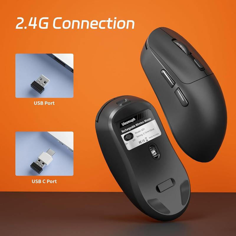 Uiosmuph G01 Wireless Mouse USB C Rechargeable Ergonomic Computer Mouse, 2.4Ghz Optical with USB Receiver & Type C Adapter for Laptop
