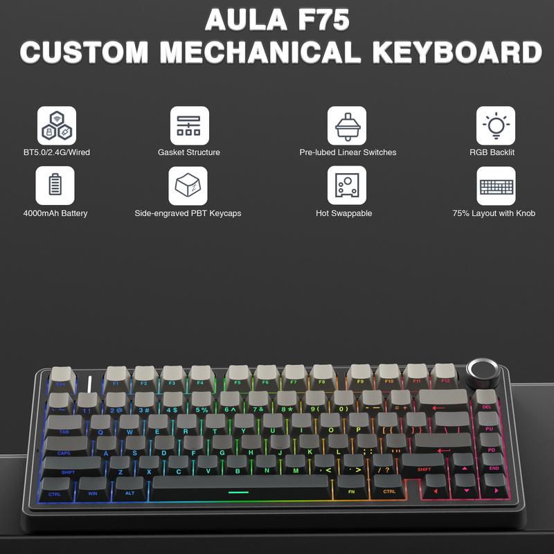 OFFICIAL AULA F75 Pro Wireless Mechanical Keyboard, 75% Hot-Swappable, USB Charging, RGB Backlight, PBT Side-Printed Keycaps, Gaming Keyboard, Office, Multimedia Scroll Wheel, Creamy Keyboards Office Accessories Pc Accessories Fathersdaygift
