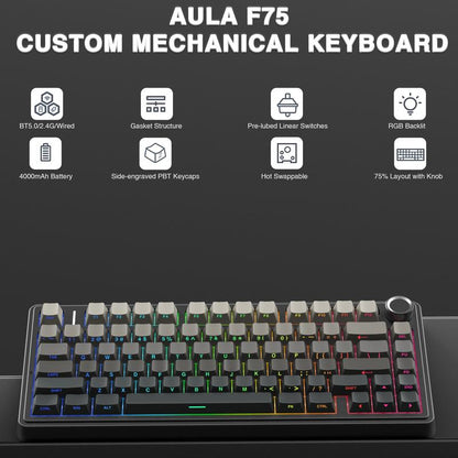 OFFICIAL AULA F75 Pro Wireless Mechanical Keyboard, 75% Hot-Swappable, USB Charging, RGB Backlight, PBT Side-Printed Keycaps, Gaming Keyboard, Office, Multimedia Scroll Wheel, Creamy Keyboards Office Accessories Pc Accessories Fathersdaygift