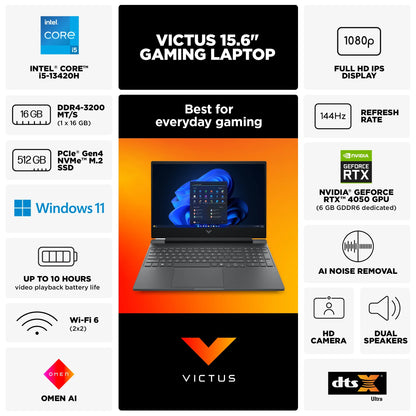 Victus 15.6 Inch FHD 144Hz IPS Windows Laptop Intel Core I5-13420H 16GB RAM 512GB SSD RTX 4050 Mica Silver