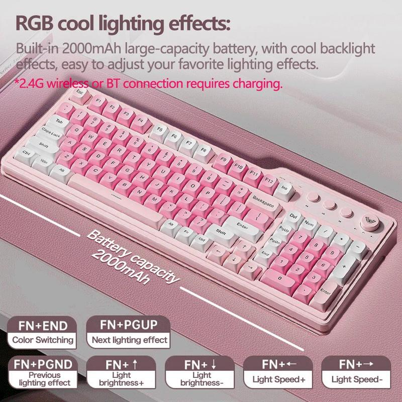 AULA F3099 Three-Mode Wireless Gaming Keyboard, 99-Key Layout, Cool RGB Lighting Effects, Multi-Function Knobs, Ergonomic Design Colorful Design Keyboard, Compatible with Computers, Notebooks