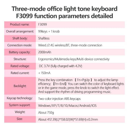 AULA F3099 Three-Mode Wireless Gaming Keyboard, 99-Key Layout, Cool RGB Lighting Effects, Multi-Function Knobs, Ergonomic Design Colorful Design Keyboard, Compatible with Computers, Notebooks