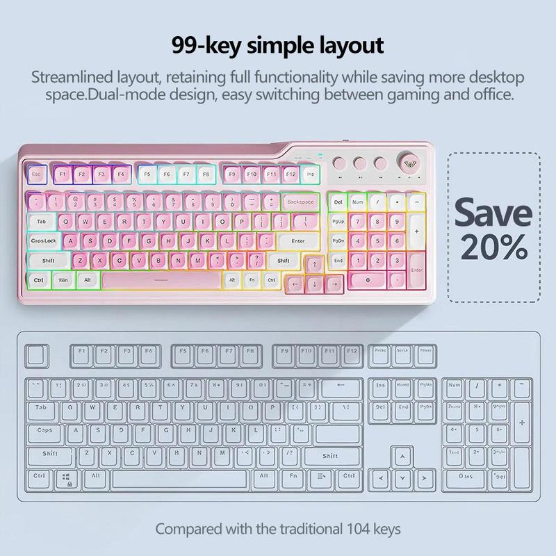 AULA F3099 Three-Mode Wireless Gaming Keyboard, 99-Key Layout, Cool RGB Lighting Effects, Multi-Function Knobs, Ergonomic Design Colorful Design Keyboard, Compatible with Computers, Notebooks