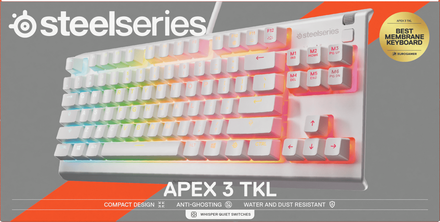 Apex 3 TKL RGB Wired Gaming Keyboard — Water and Dust Resistant — Whisper-Quiet Gaming Switch, White