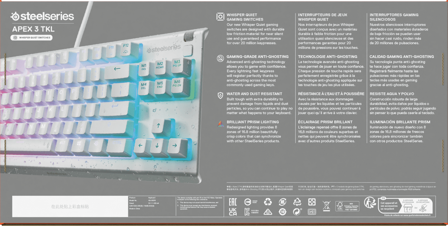 Apex 3 TKL RGB Wired Gaming Keyboard — Water and Dust Resistant — Whisper-Quiet Gaming Switch, White