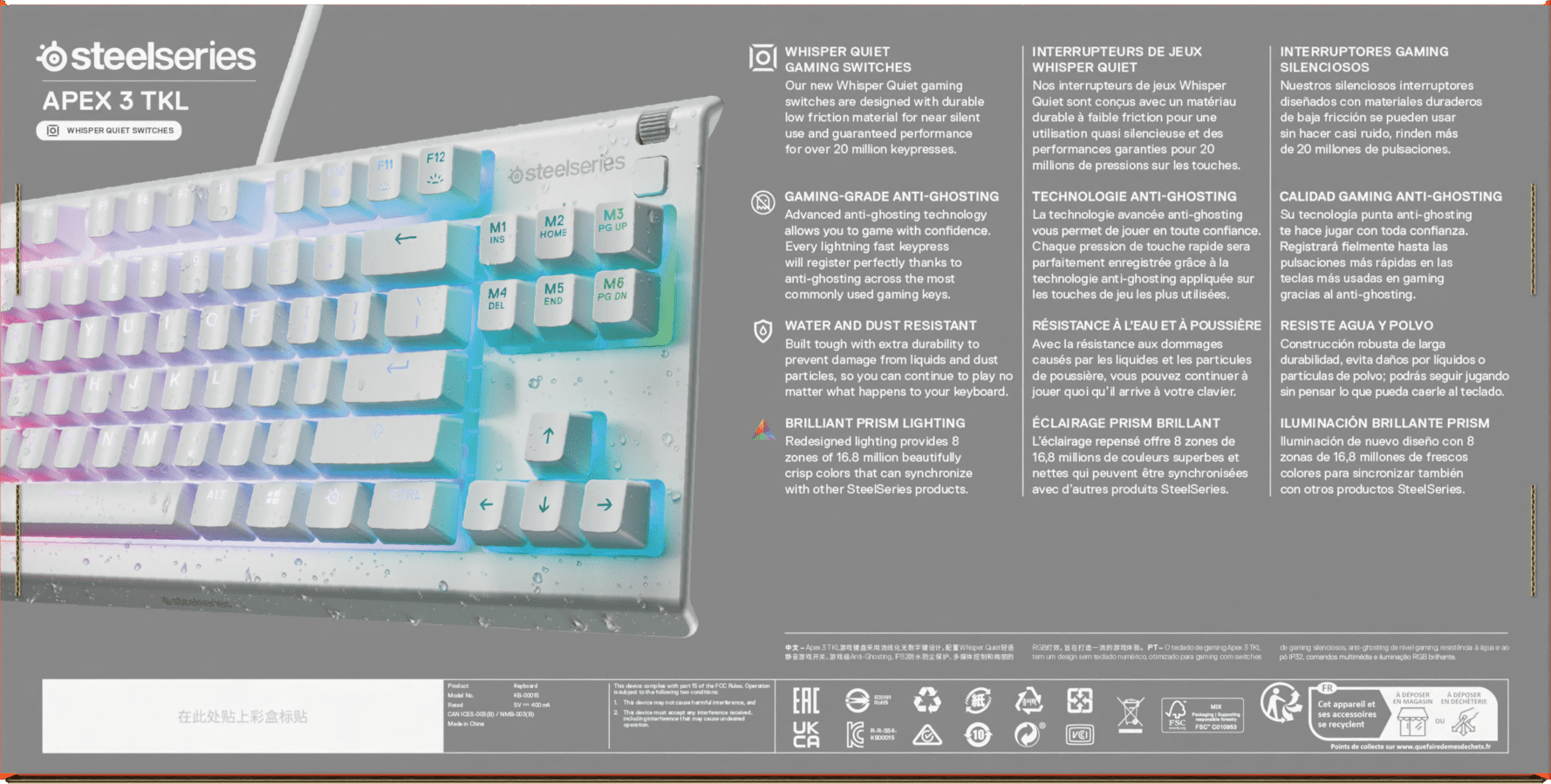 Apex 3 TKL RGB Wired Gaming Keyboard — Water and Dust Resistant — Whisper-Quiet Gaming Switch, White