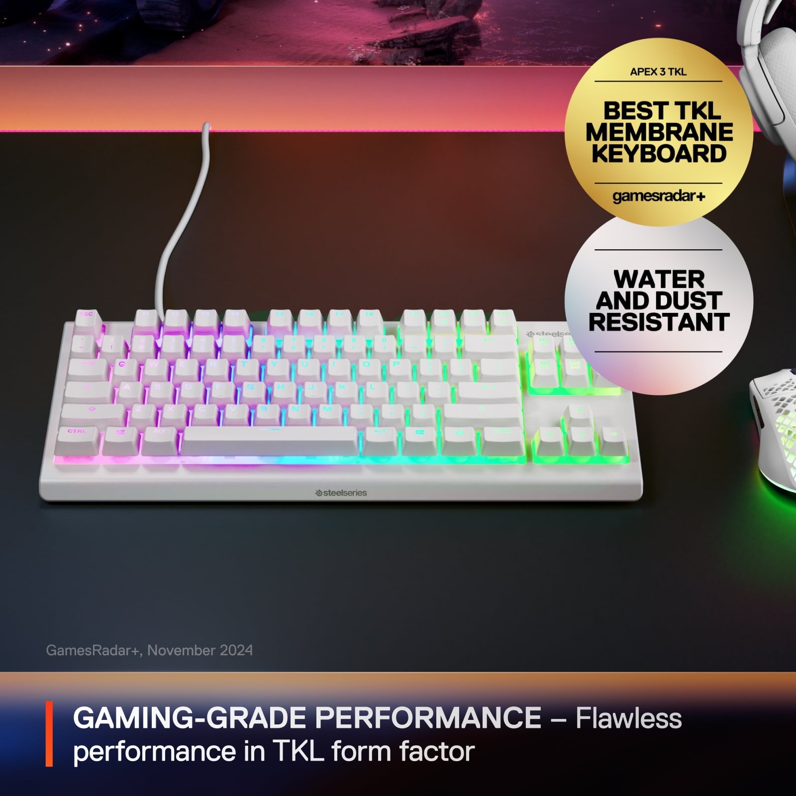 Apex 3 TKL RGB Wired Gaming Keyboard — Water and Dust Resistant — Whisper-Quiet Gaming Switch, White