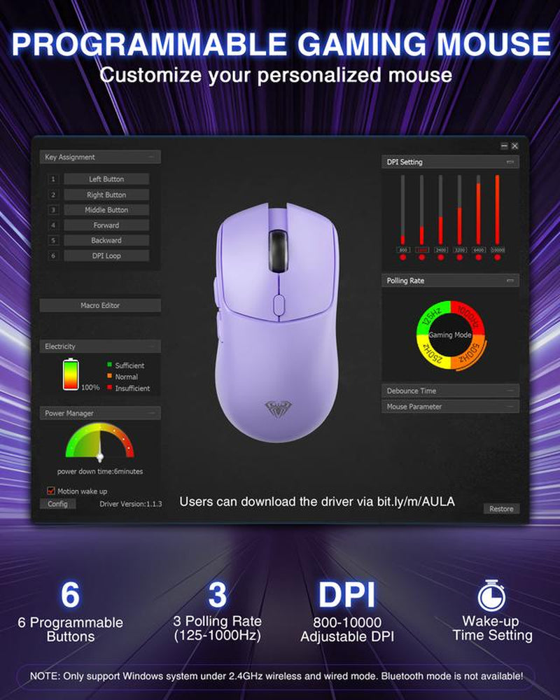AULA SC580X Wireless Gaming Mouse, Tri-Mode 2.4G/BT5.0/USB-C, 10000 DPI Rechargeable Wireless Mouse with 6 Programmable Buttons, Ergonomic Computer Mouse for Laptop/Pc/Mac/Tablet, Mouse