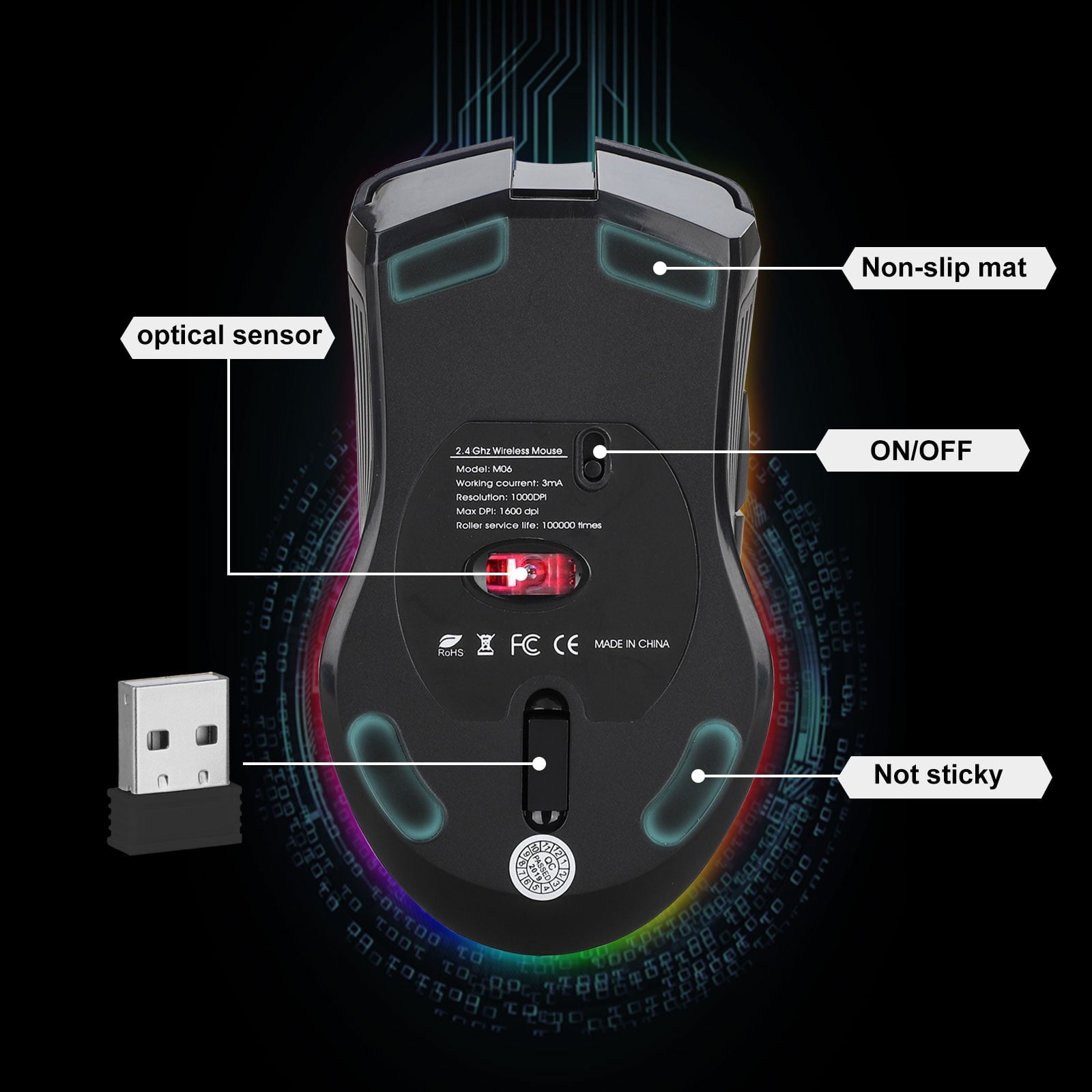 M06 Wireless Gaming Mouse, Rechargeable Computer Mouse Mice with Rainbow Backlit Lights, 3 DPI Levels, 6 Silent Buttons, USB 2.4Ghz Optical Mice for PC Gamer Laptop Desktop Chromebook Mac